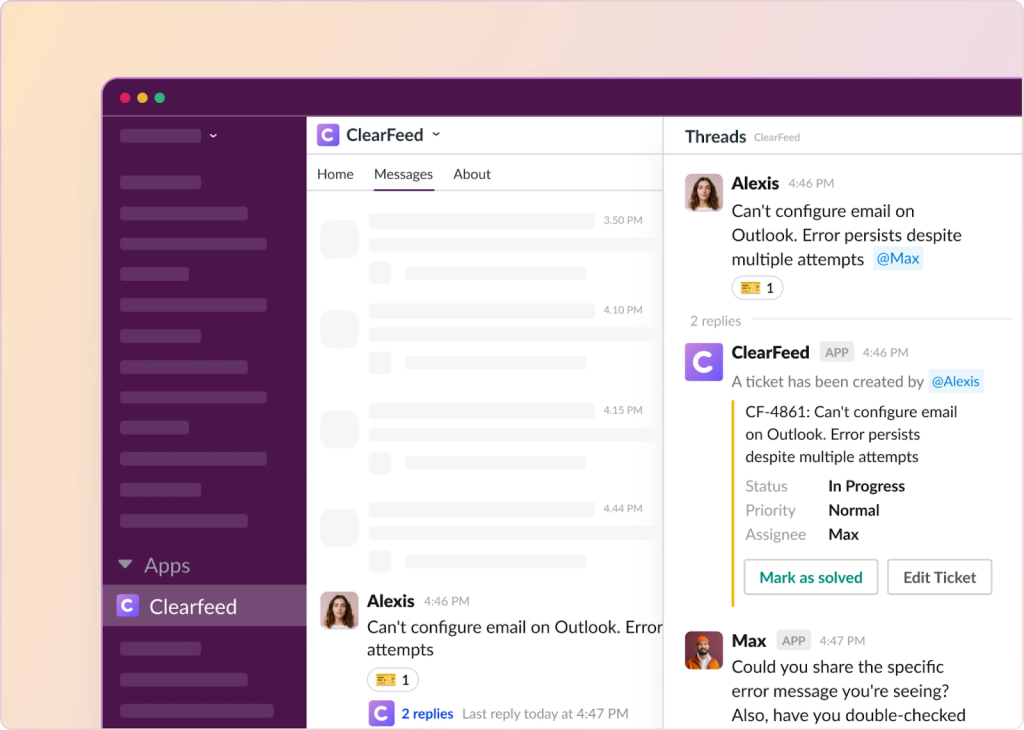 Turn Slack conversations into trackable support tickets with real-time status updates.
