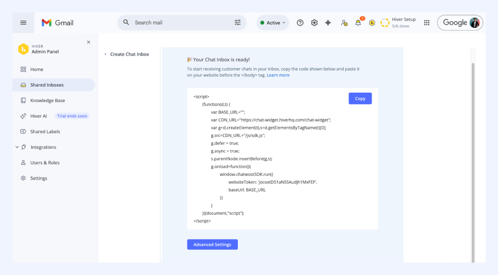 By clicking on advanced settings, you can set up advanced live chat workflows