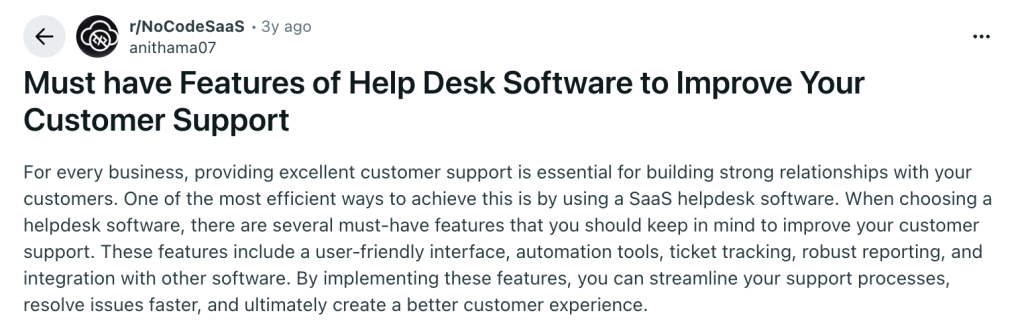 Screenshot showing a Reddit discussion about must-have help desk software features.