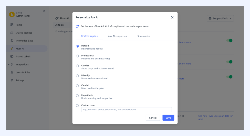 Personalizing answers on Ask AI with Hiver