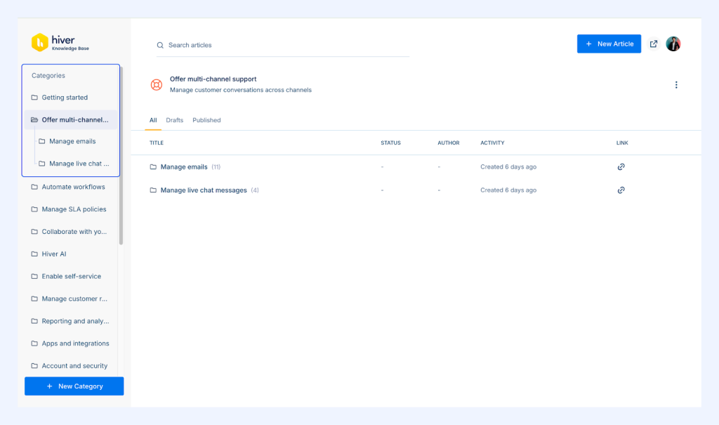 Sidebar view of categories in Hiver’s KB