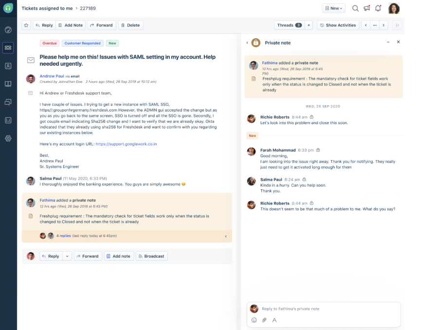 Freshdesk uses a ticketing system to help teams track and resolve customer issues.