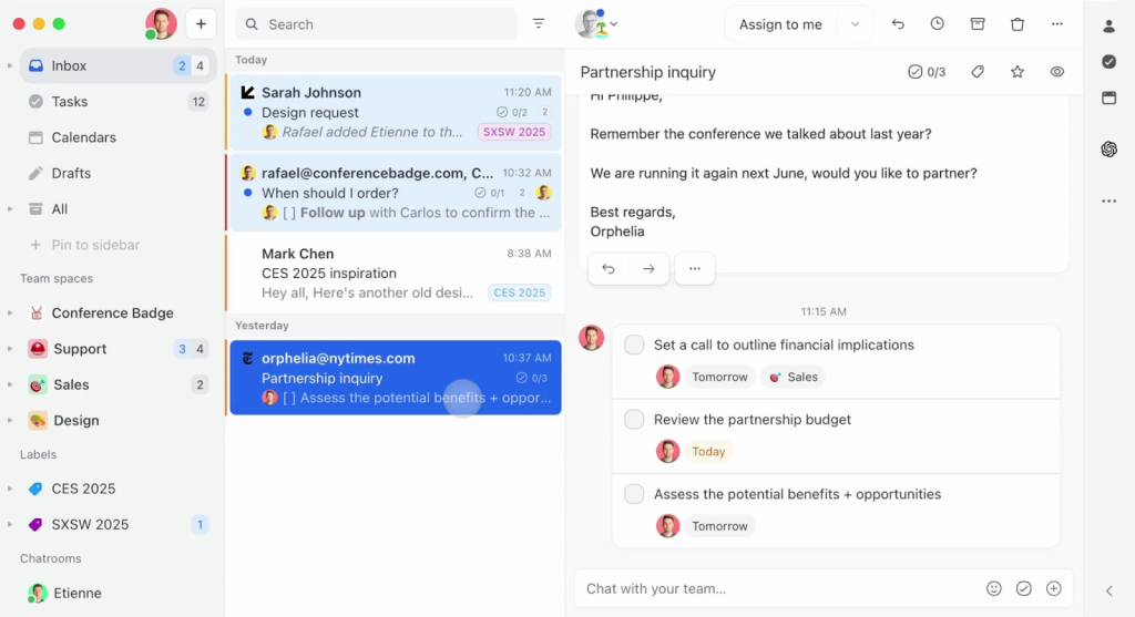 Missive combines email, chat, and tasks in a collaborative shared inbox.
