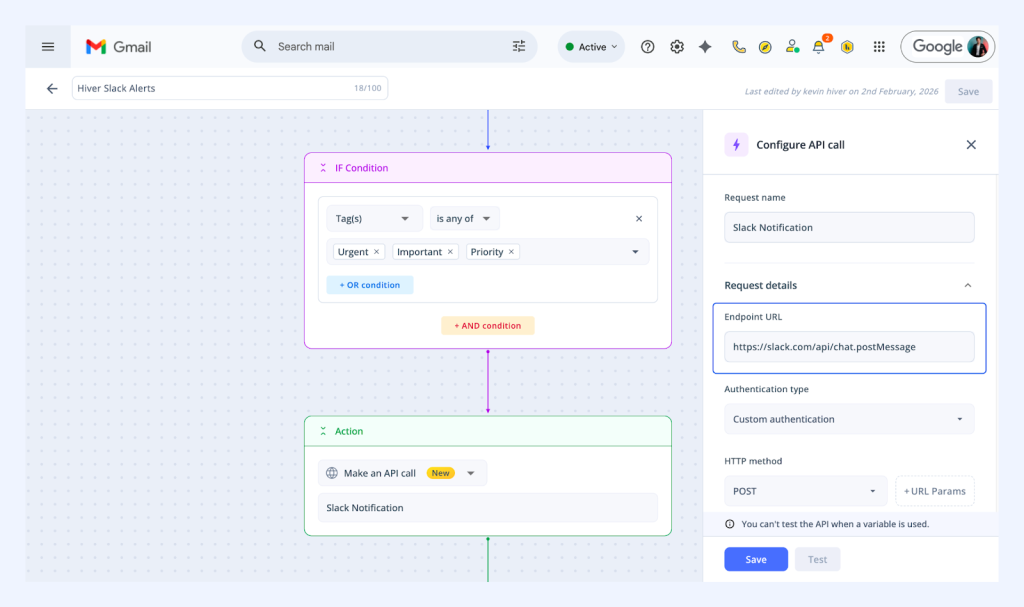 Push a notification to Slack when a high priority email comes in