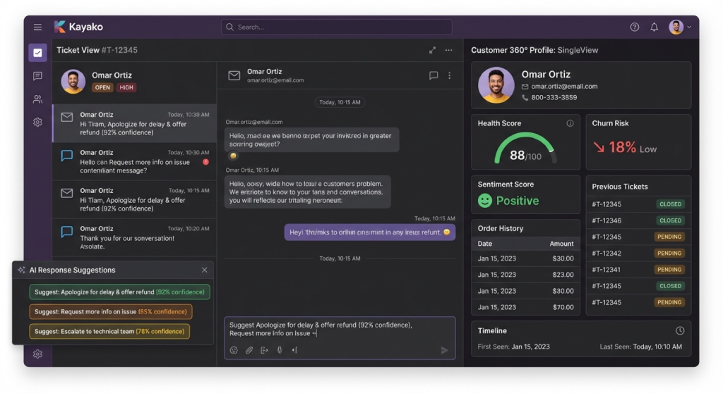 Kayako’s ticketing allows agents to have complete context