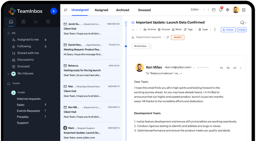 Zoho TeamInbox helps teams manage shared email conversations with assignment-based ownership.