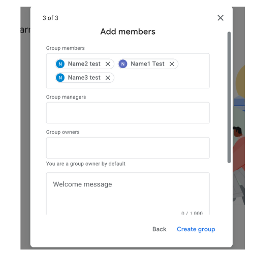 Add members and assign roles before clicking "Create group."
