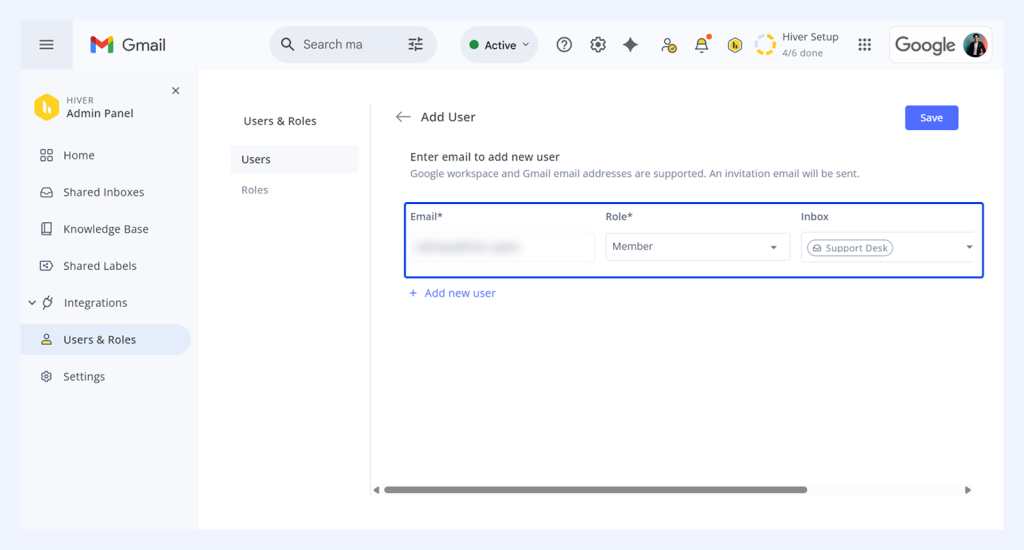 Add your team member’s email, assign a role, and choose the shared inboxes
