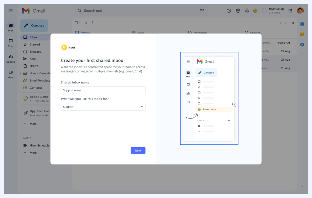 Enter a name for your shared inbox, choose its purpose, and click Next