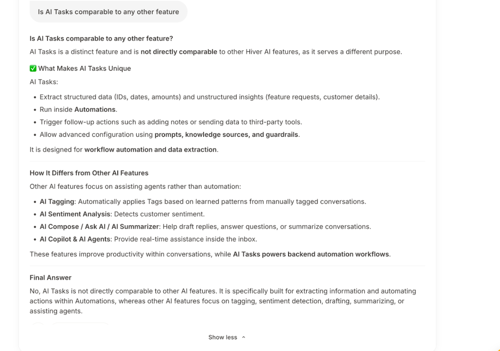 Hiver’s AI Powered Search in KB answering nuanced questions