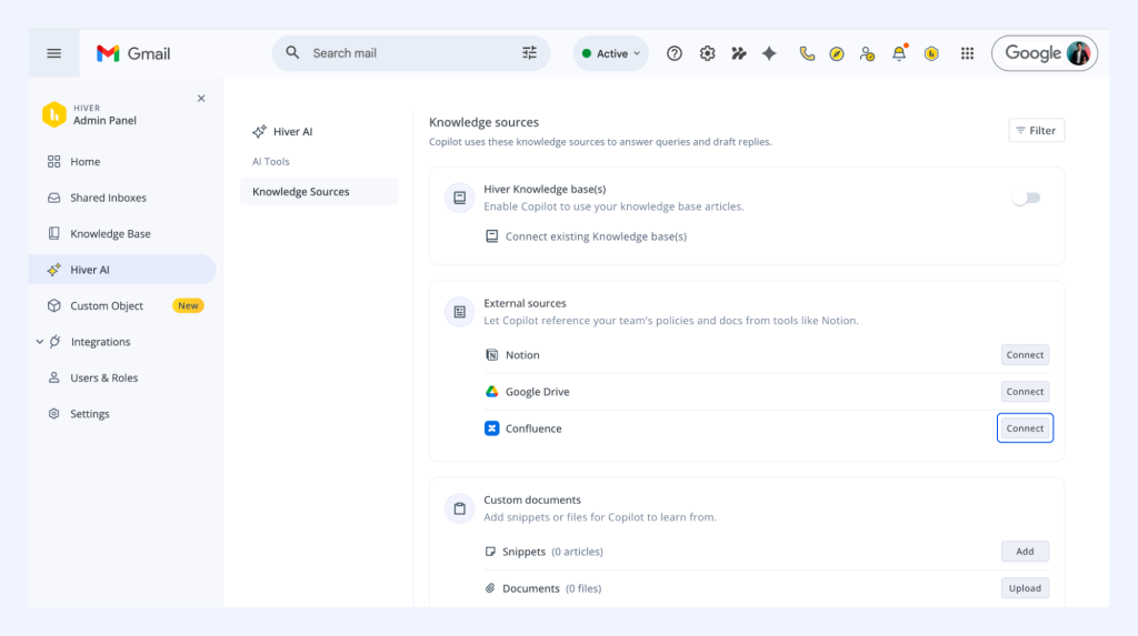 Google Drive and Confluence as knowledge sources in Hiver AI