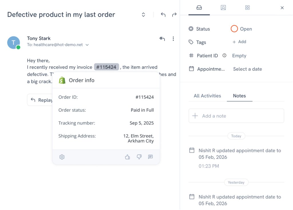 View CRM, billing, and order details inside every conversation