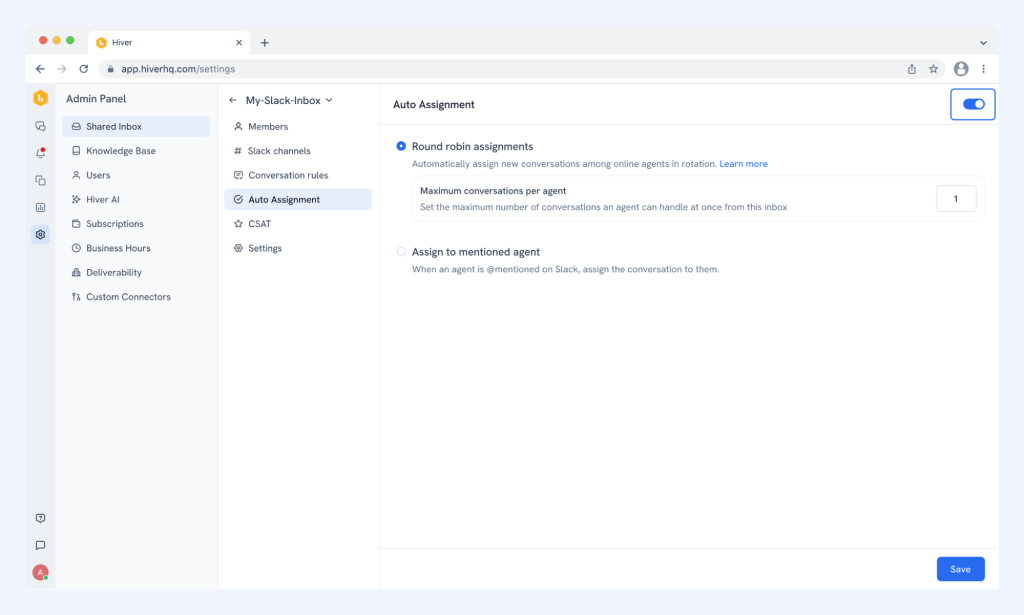 Assign Slack conversations to support agents either manually or via round-robin