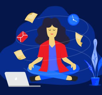 Meditation woman at work. Business working design concept. Vector illustration