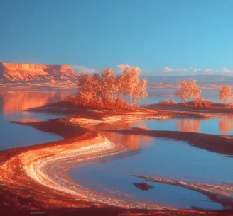 "Surreal desert landscape with winding shoreline, blue water and a distant mesa"
